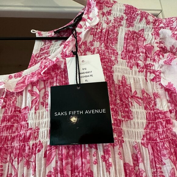 SAKS FIFTH AVENUE PINK AND WHITE SMOCKED MIDI DRESS - Picture 4 of 4